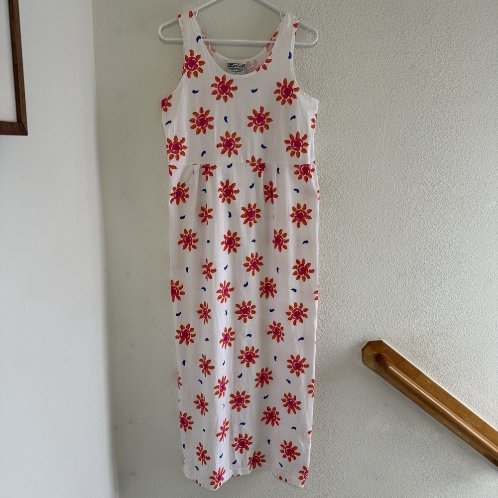 Vtg 90s Zip Code Floral Maxi Dress Sleeveless 100% Cotton Made in Mexico Small